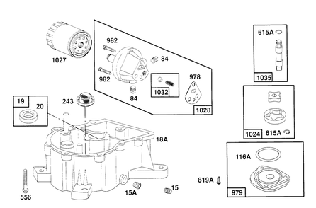 Oil Pump Sump Base Assembly Diagram and Parts List for 404707-1209-XX  Briggs and Stratton Engine